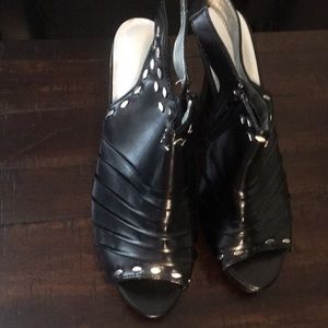 Black open toe heels with silver stones, size 11